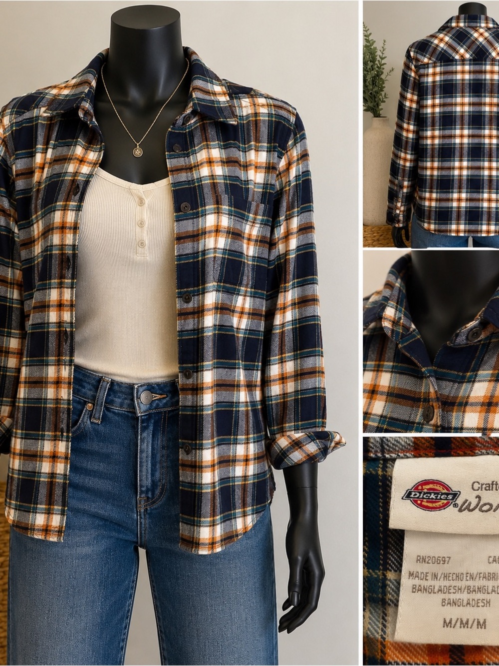 Dickies Women’s Plaid Flannel Shirt Navy Rust Long Sleeve Workwear Button Up med